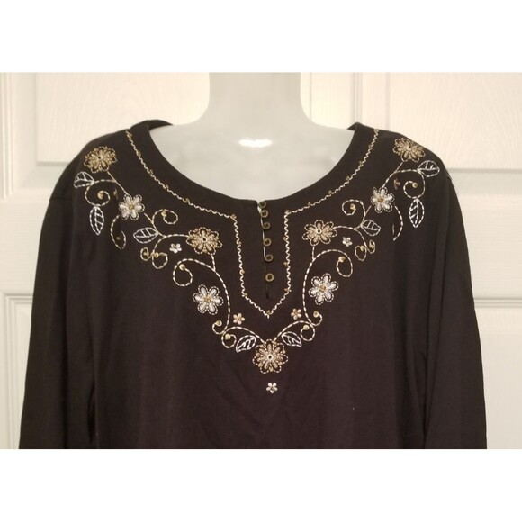 Alfred Dunner Women's Top Shirt Size 1X Black Embroidered Beaded 3/4 Sleeve - Picture 2 of 5